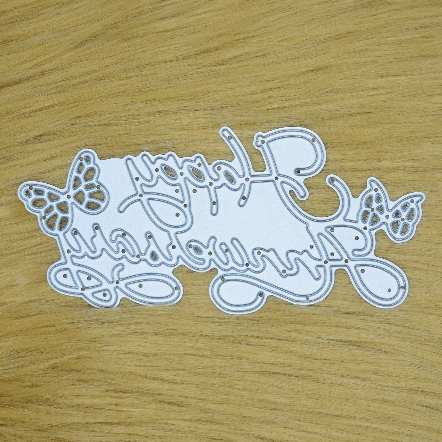 Happy Anniversary script metal cutting die with butterfly accents for anniversary card making and papercraft sentiments