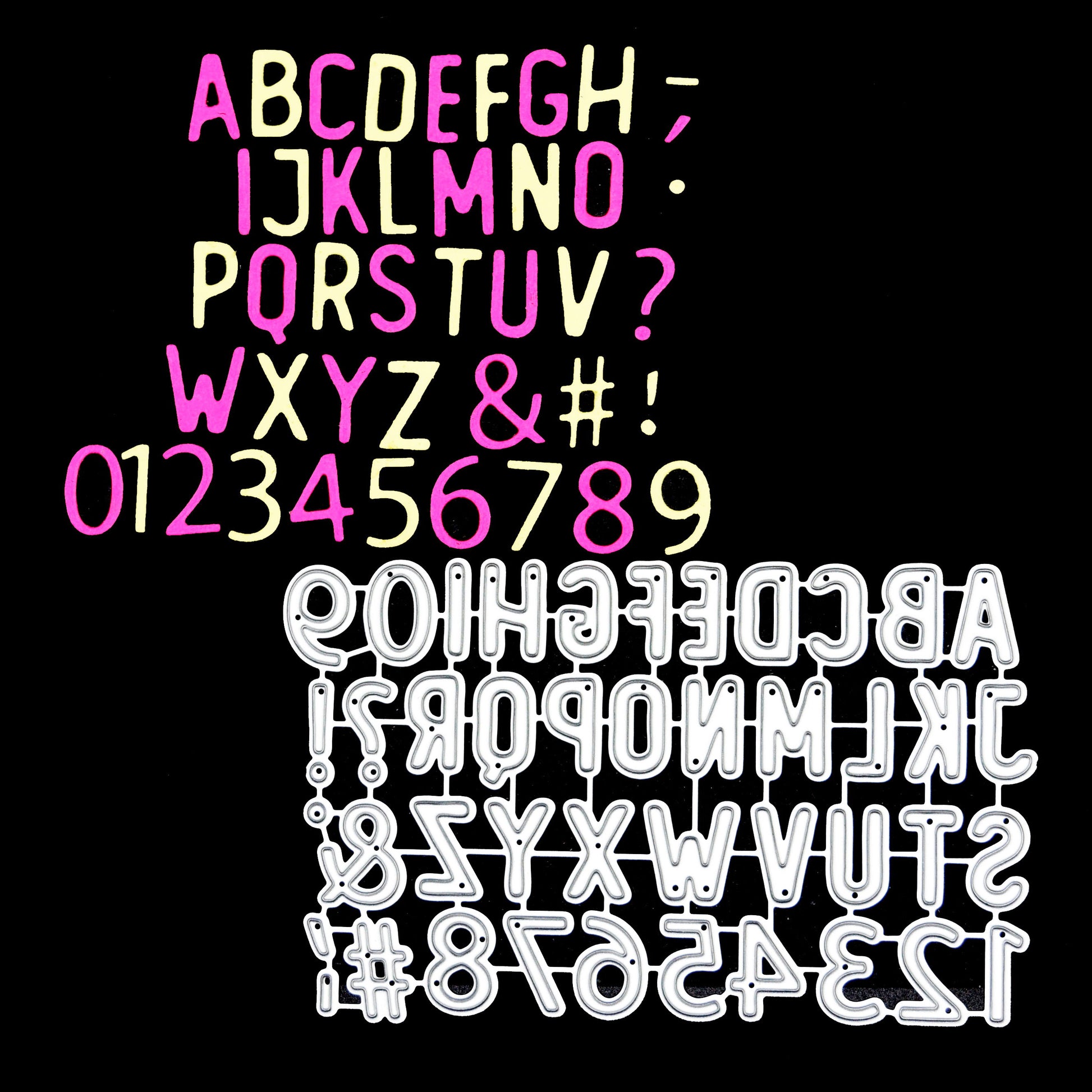 Alphabet and number metal cutting dies with example cut letters and numbers