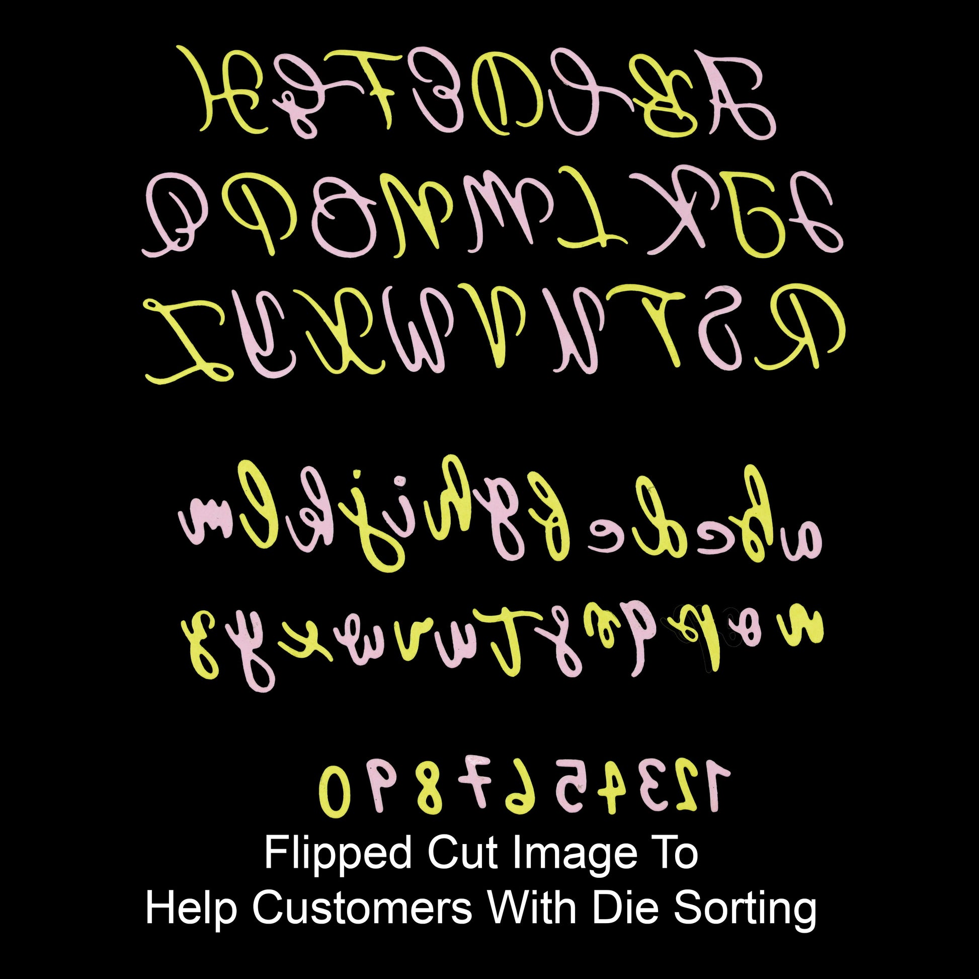 Finished uppercase, lowercase and number die cuts with a flipped reference image to help customers identify and sort the metal cutting dies.