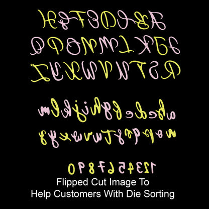 Finished uppercase, lowercase and number die cuts with a flipped reference image to help customers identify and sort the metal cutting dies.