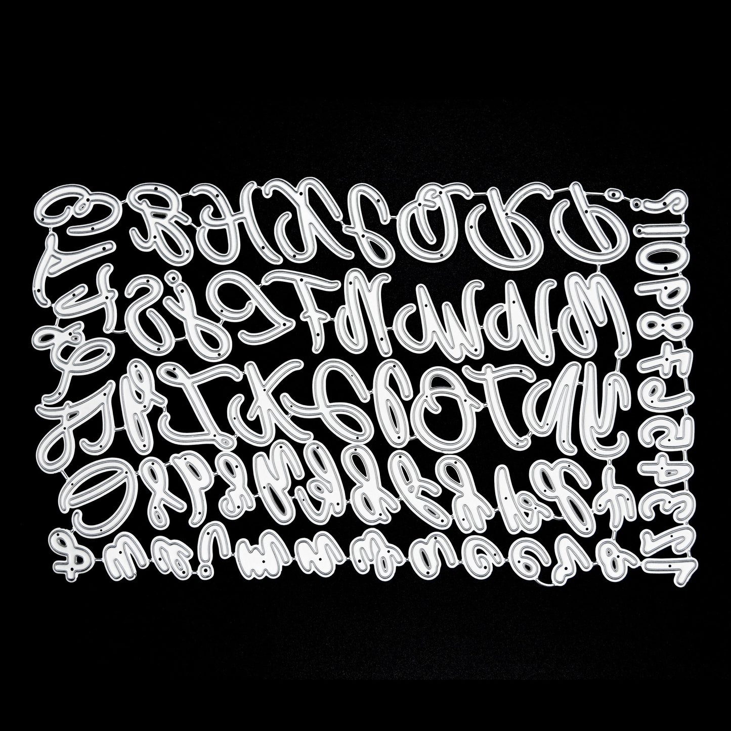Uppercase & lowercase alphabet and numbers metal cutting dies set displayed on a black background for card making, scrapbooking and papercrafts.