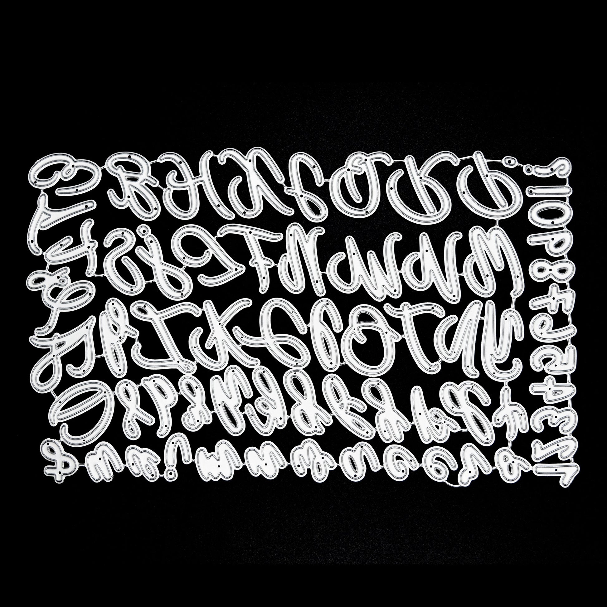 Uppercase & lowercase alphabet and numbers metal cutting dies set displayed on a black background for card making, scrapbooking and papercrafts.