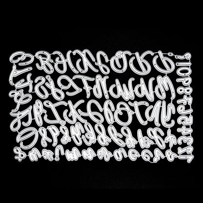 Uppercase & lowercase alphabet and numbers metal cutting dies set displayed on a black background for card making, scrapbooking and papercrafts.