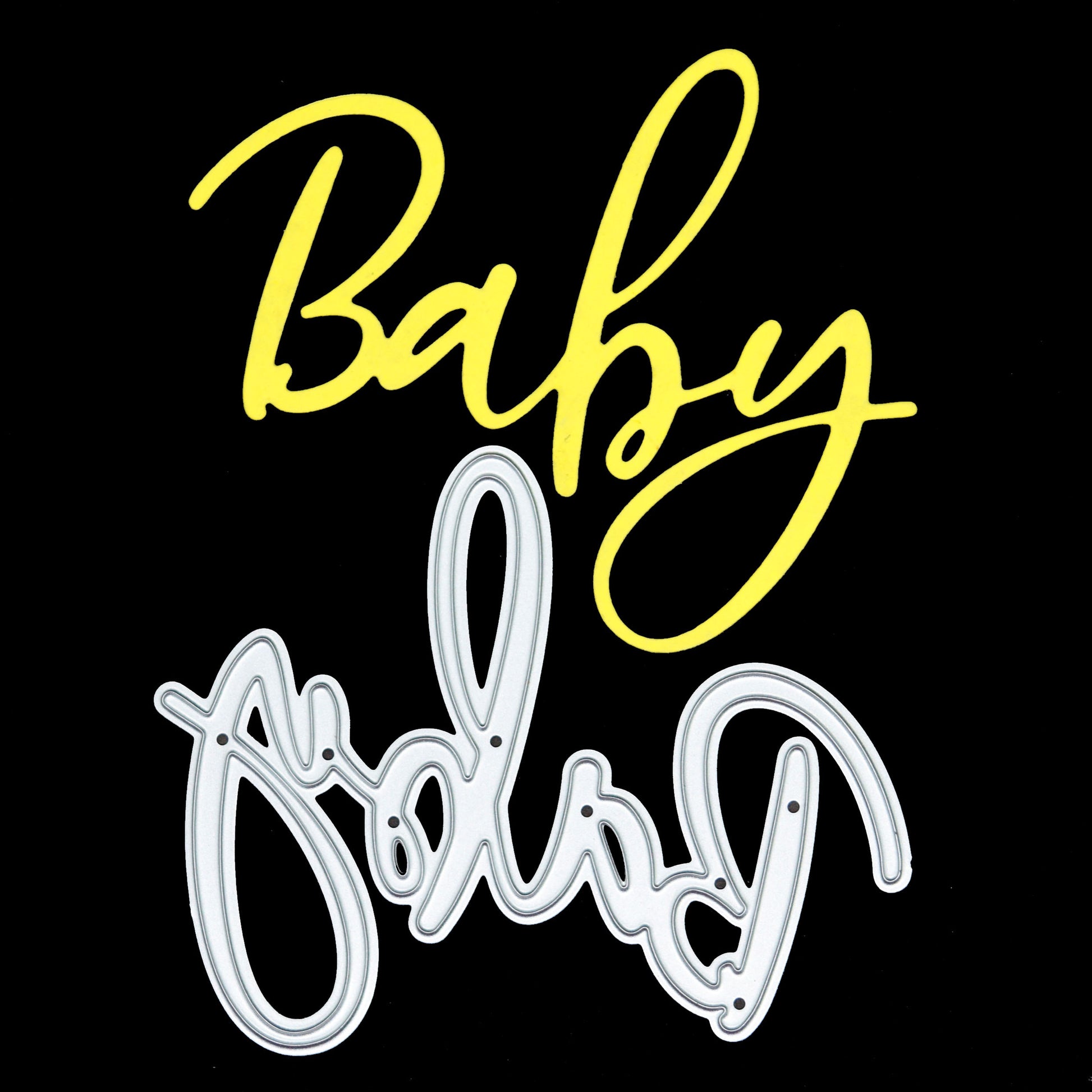 Baby script word metal cutting die with finished die cut example for card making