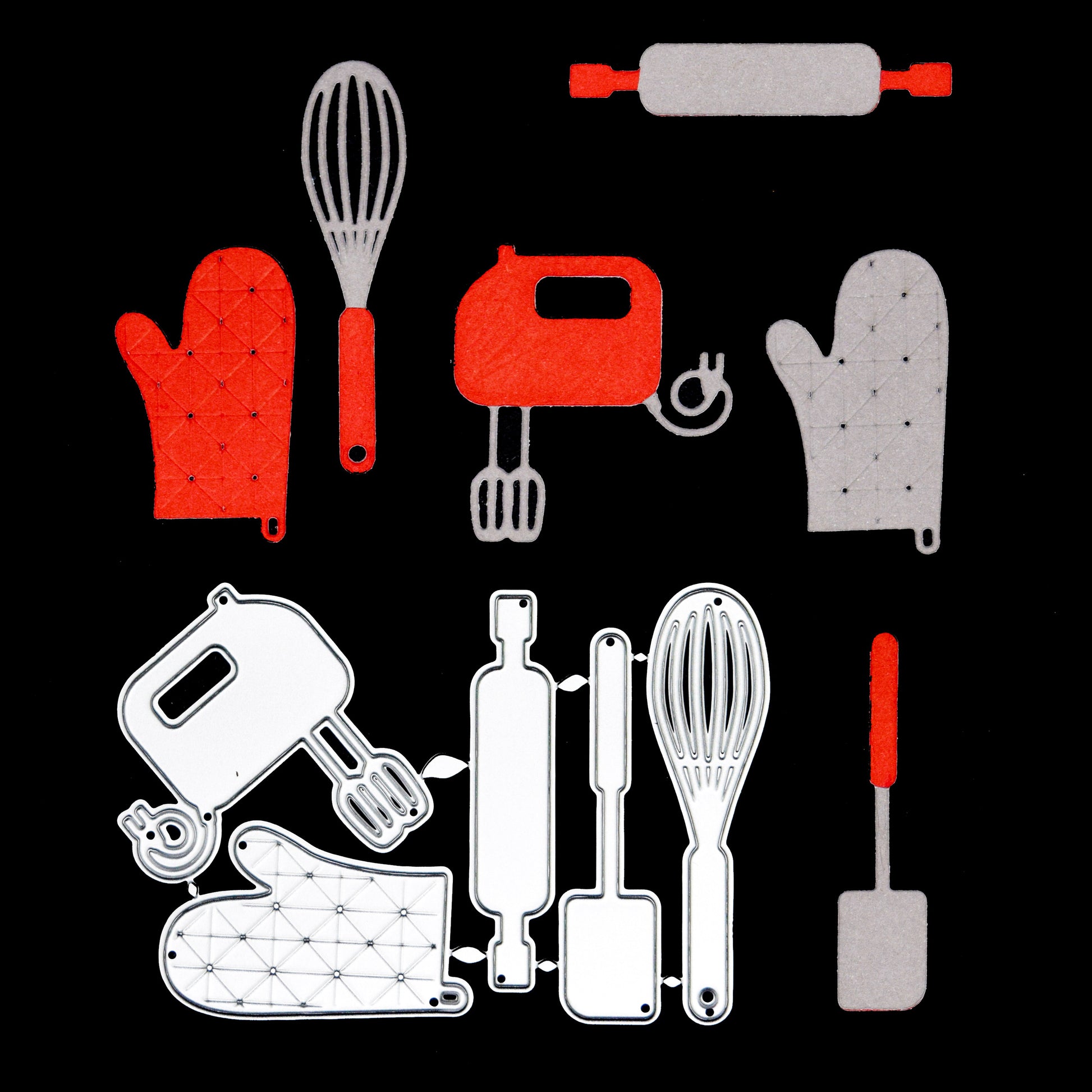 Baking themed craft dies set showing individual utensil shapes
