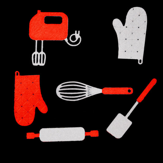 Baking utensil die cuts including mixer, whisk, spatula and oven glove