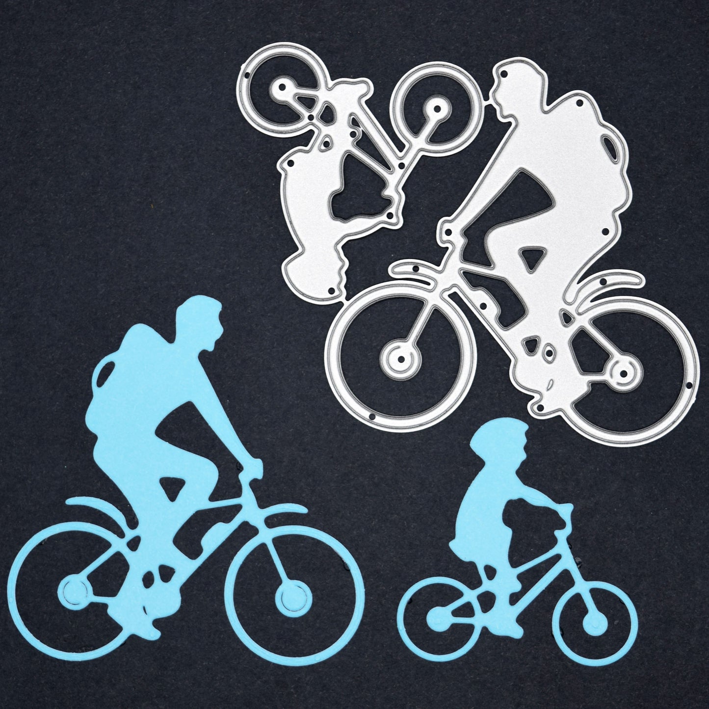 Man and child bicycle silhouette die cuts with matching metal cutting die for cycling themed handmade cards and papercrafts