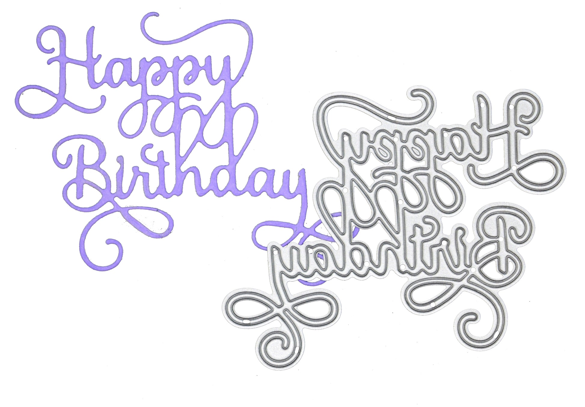 Purple Happy Birthday sentiment die cut created using elegant calligraphy script metal cutting die for birthday themed craft projects