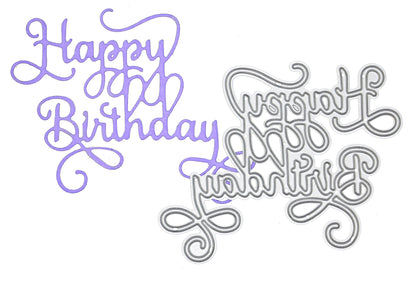 Purple Happy Birthday sentiment die cut created using elegant calligraphy script metal cutting die for birthday themed craft projects