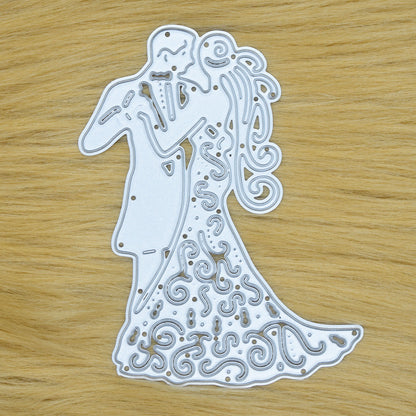Bride and groom metal cutting die shown on faux fur background
