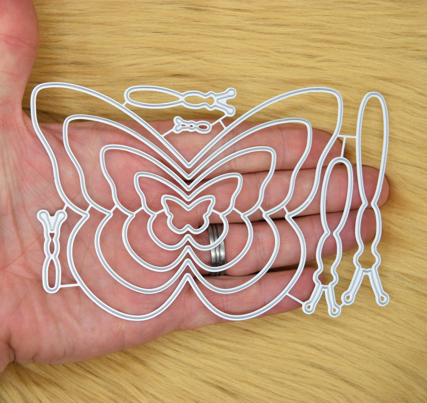 Butterfly cutting dies held in hand for size reference