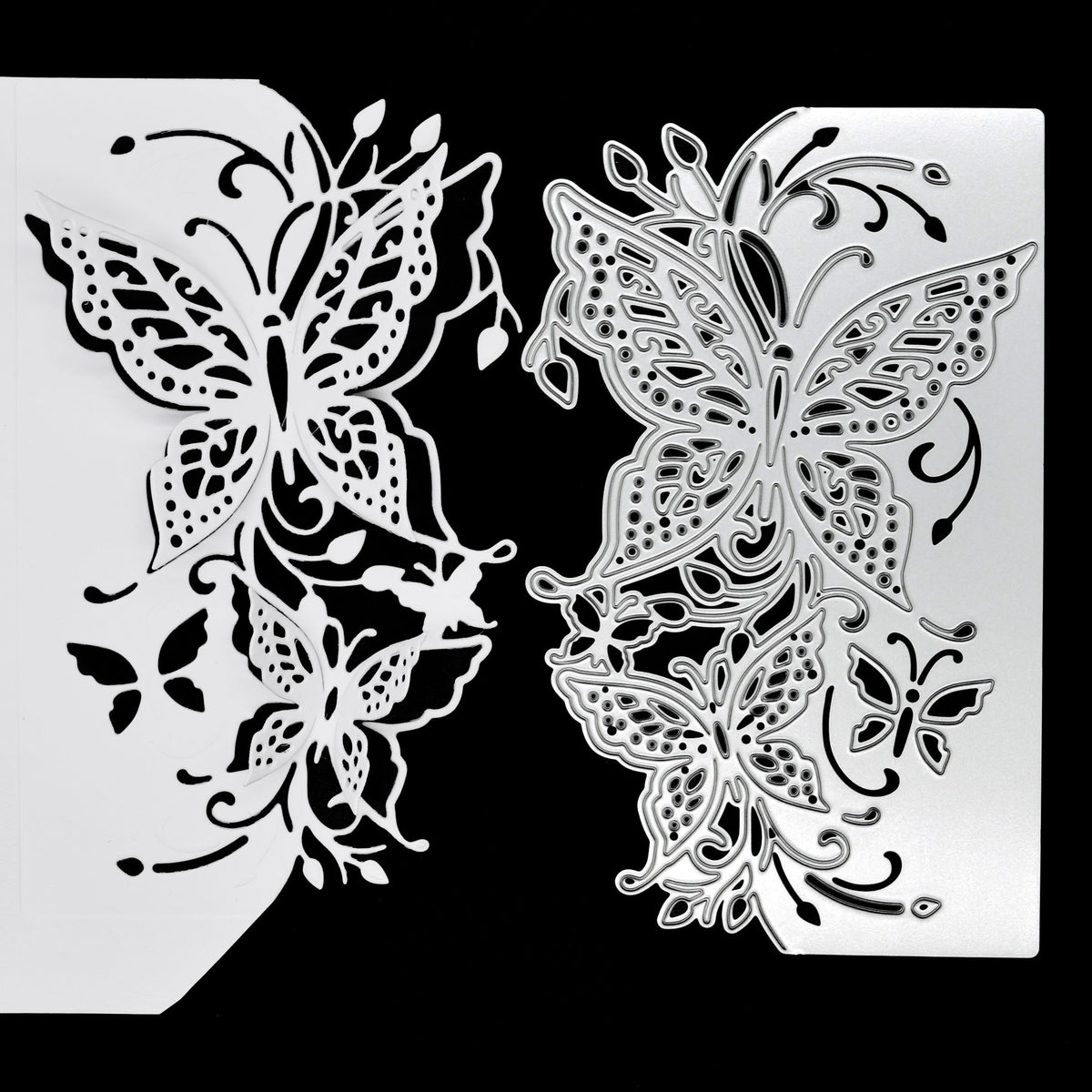 Butterfly edge metal cutting die shown beside a finished white paper cut demonstrating the decorative 3D butterfly edge effect.