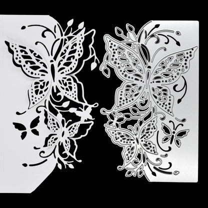 Butterfly edge metal cutting die shown beside a finished white paper cut demonstrating the decorative 3D butterfly edge effect.
