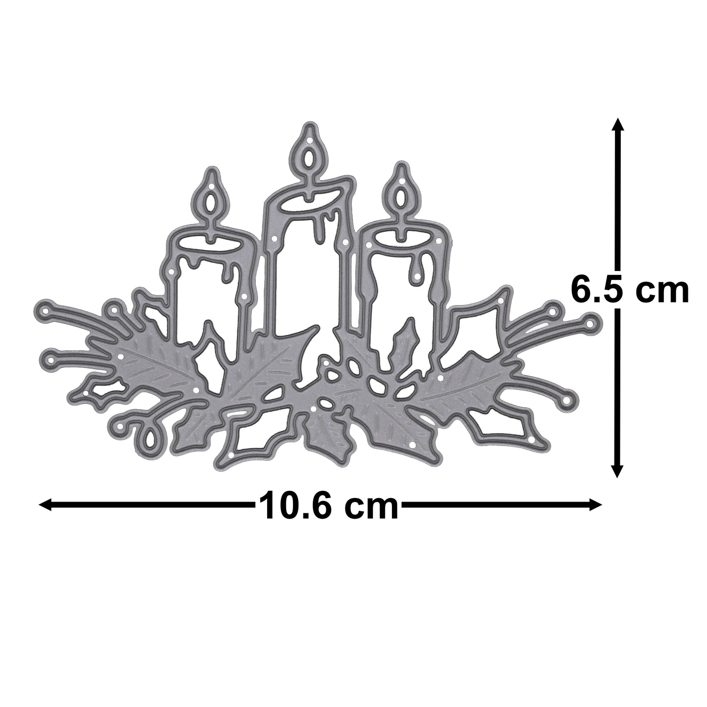 Christmas Candles & Holly metal cutting die with overall dimensions of 10.6 cm × 6.5 cm, ideal for Christmas card making and festive papercraft.