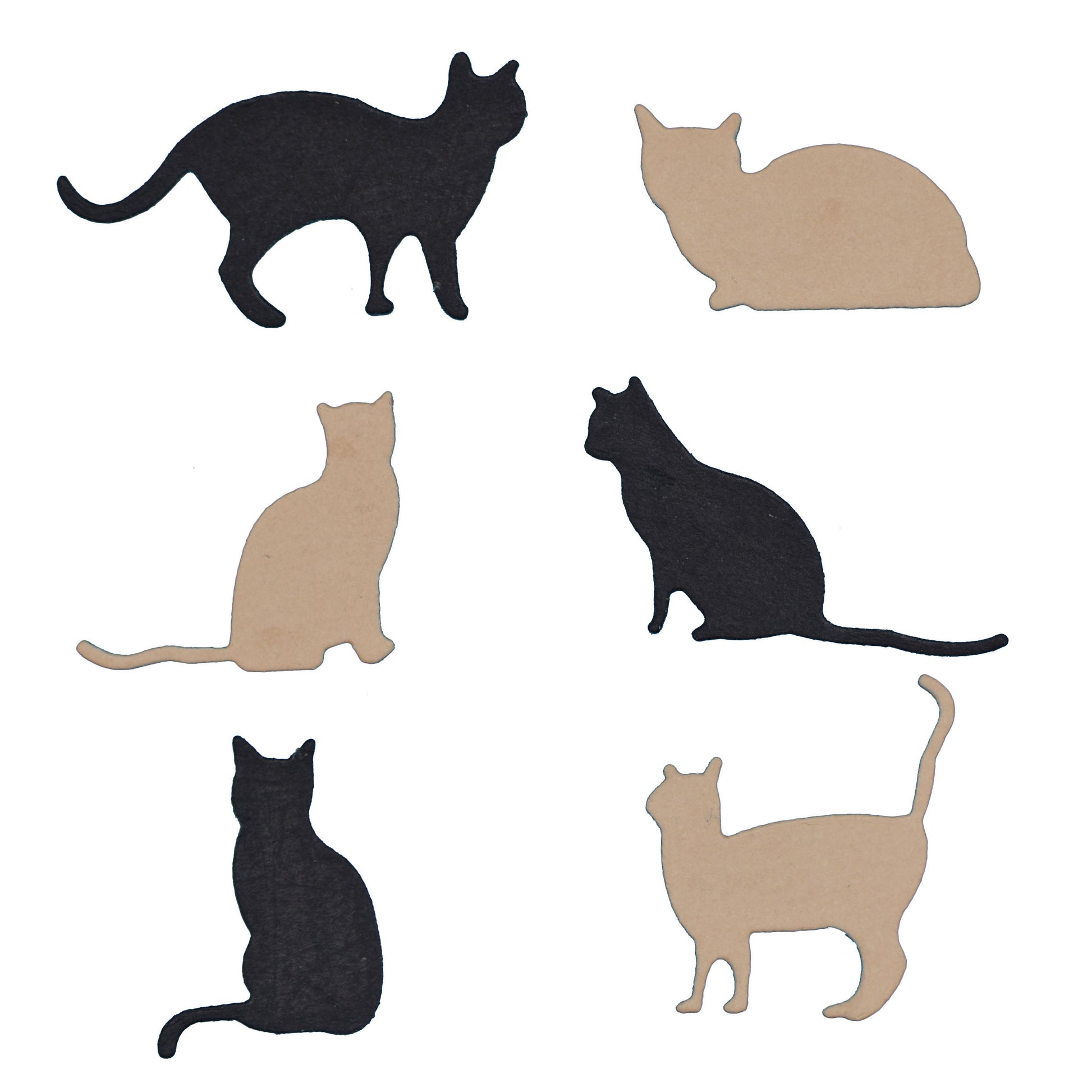 Six finished black and tan cat silhouette die cuts showing standing, sitting, walking and resting feline poses
