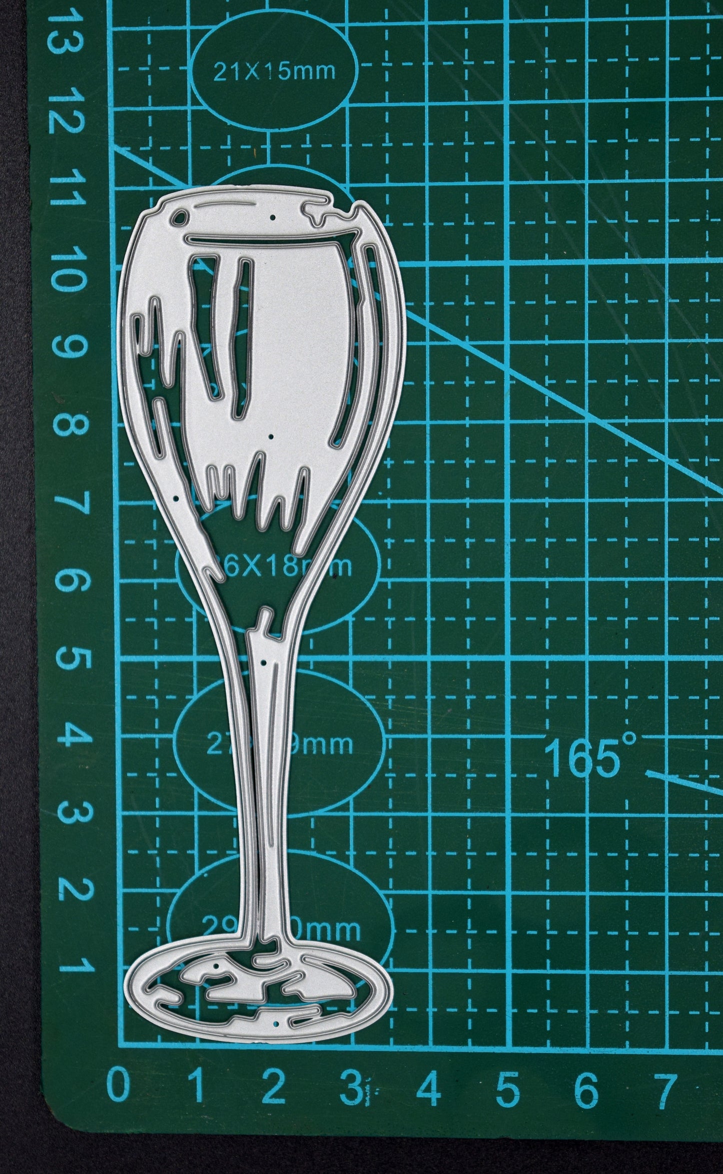 Champagne glass metal cutting die size reference on cutting mat for card making and papercrafts