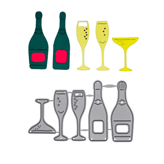 Champagne bottle and glass metal cutting dies shown with green bottle and yellow glass cardstock cuts on white for celebration card making.