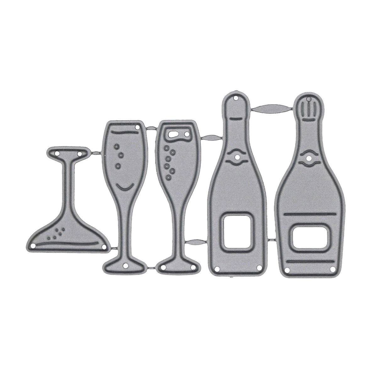 Five champagne bottle and glass metal cutting dies on a white background, including two bottles, two flutes and a coupe for papercraft.