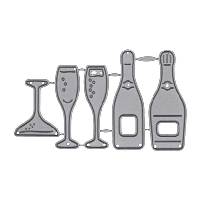 Five champagne bottle and glass metal cutting dies on a white background, including two bottles, two flutes and a coupe for papercraft.