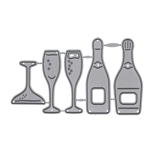 Five champagne bottle and glass metal cutting dies on a white background, including two bottles, two flutes and a coupe for papercraft.