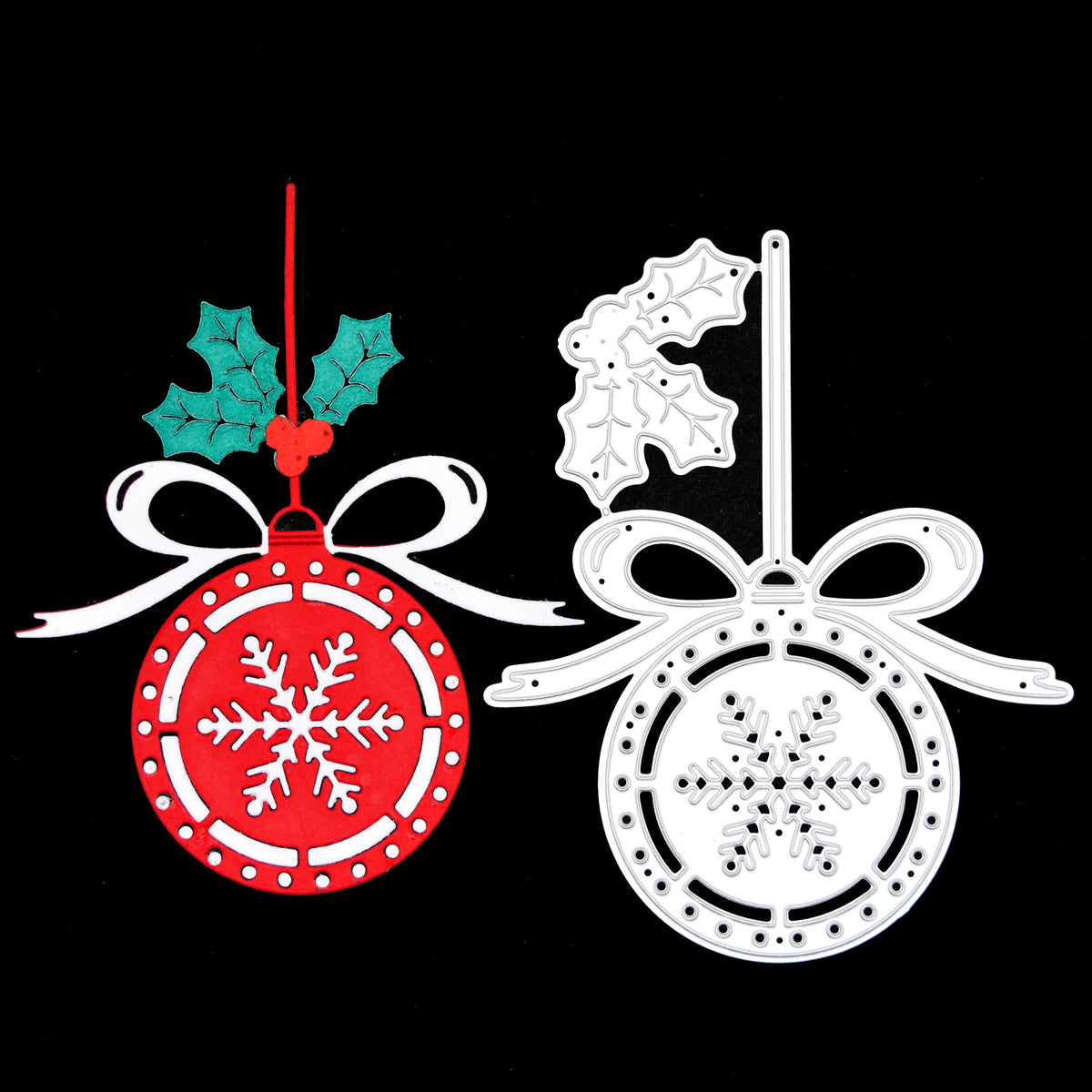 Finished red and white Christmas snowflake bauble paper cut displayed beside the matching metal cutting die.