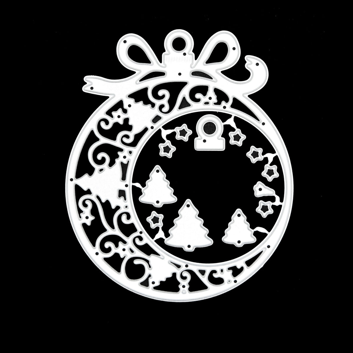 Large Christmas bauble frame metal cutting dies on black, showing the bow, swirls and joined tree, star and cap pieces.
