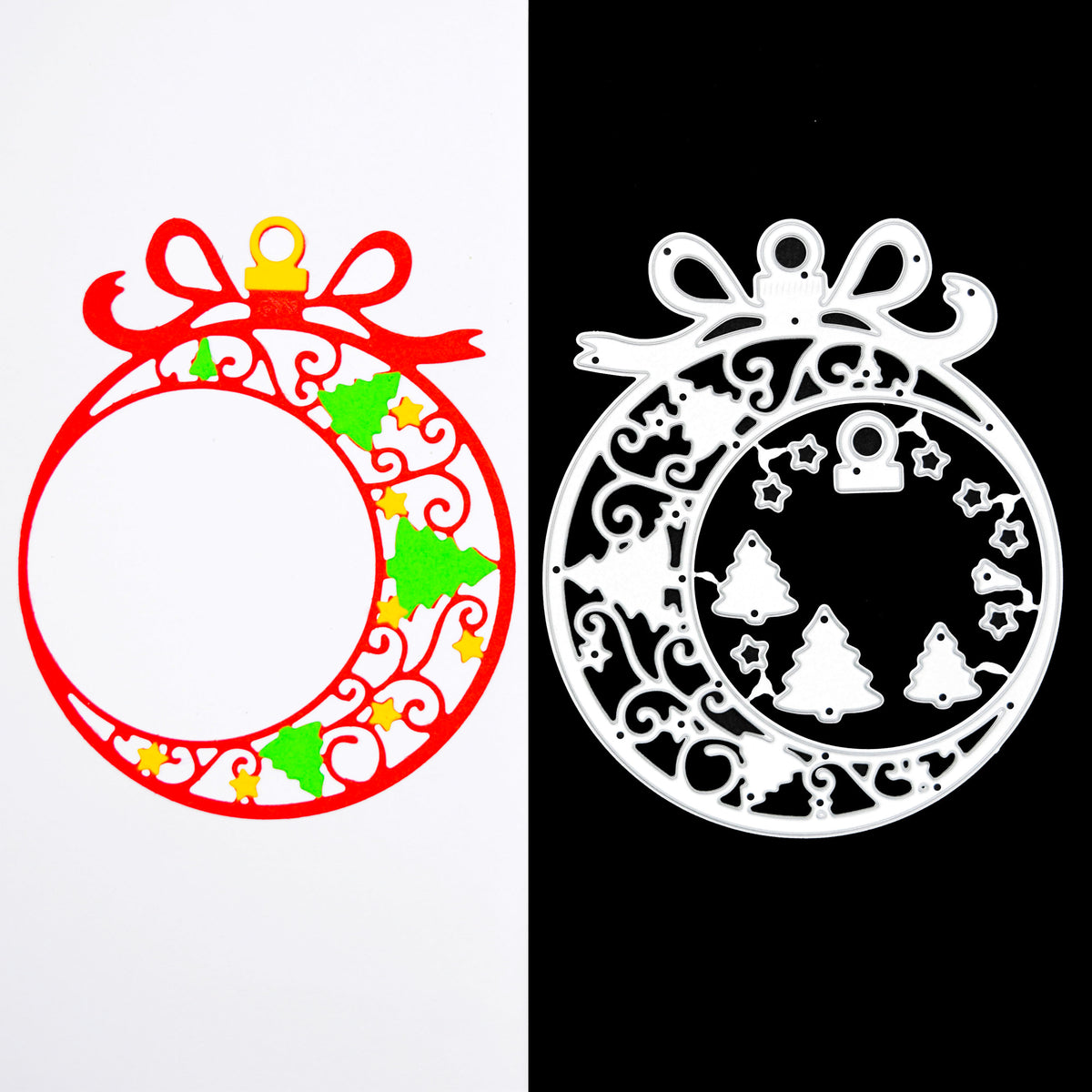 Christmas bauble frame metal cutting dies on black beside a red, green and yellow layered paper example on white.