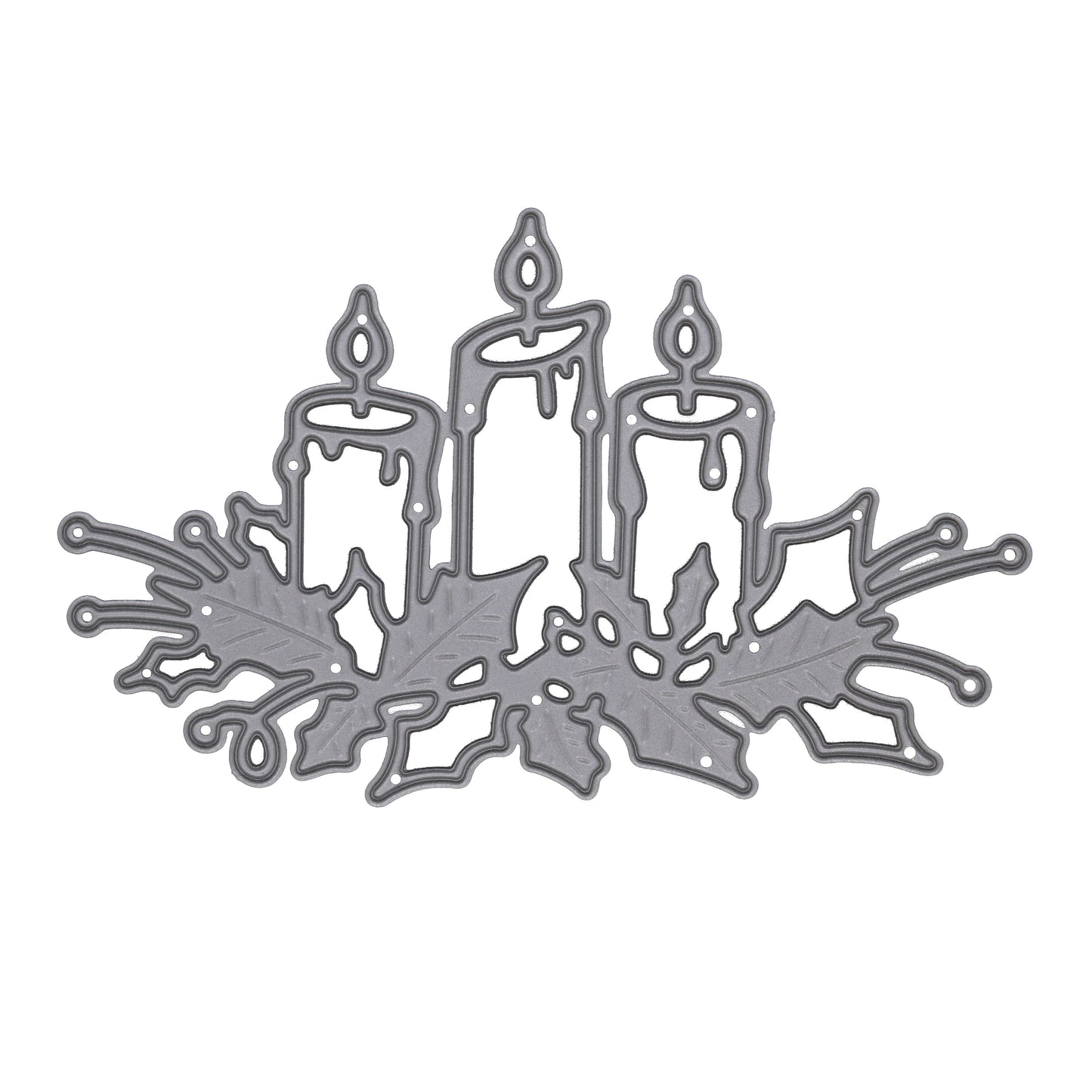 Christmas Candles & Holly metal cutting die featuring three candles with holly leaves for Christmas card making, scrapbooking and papercrafts.