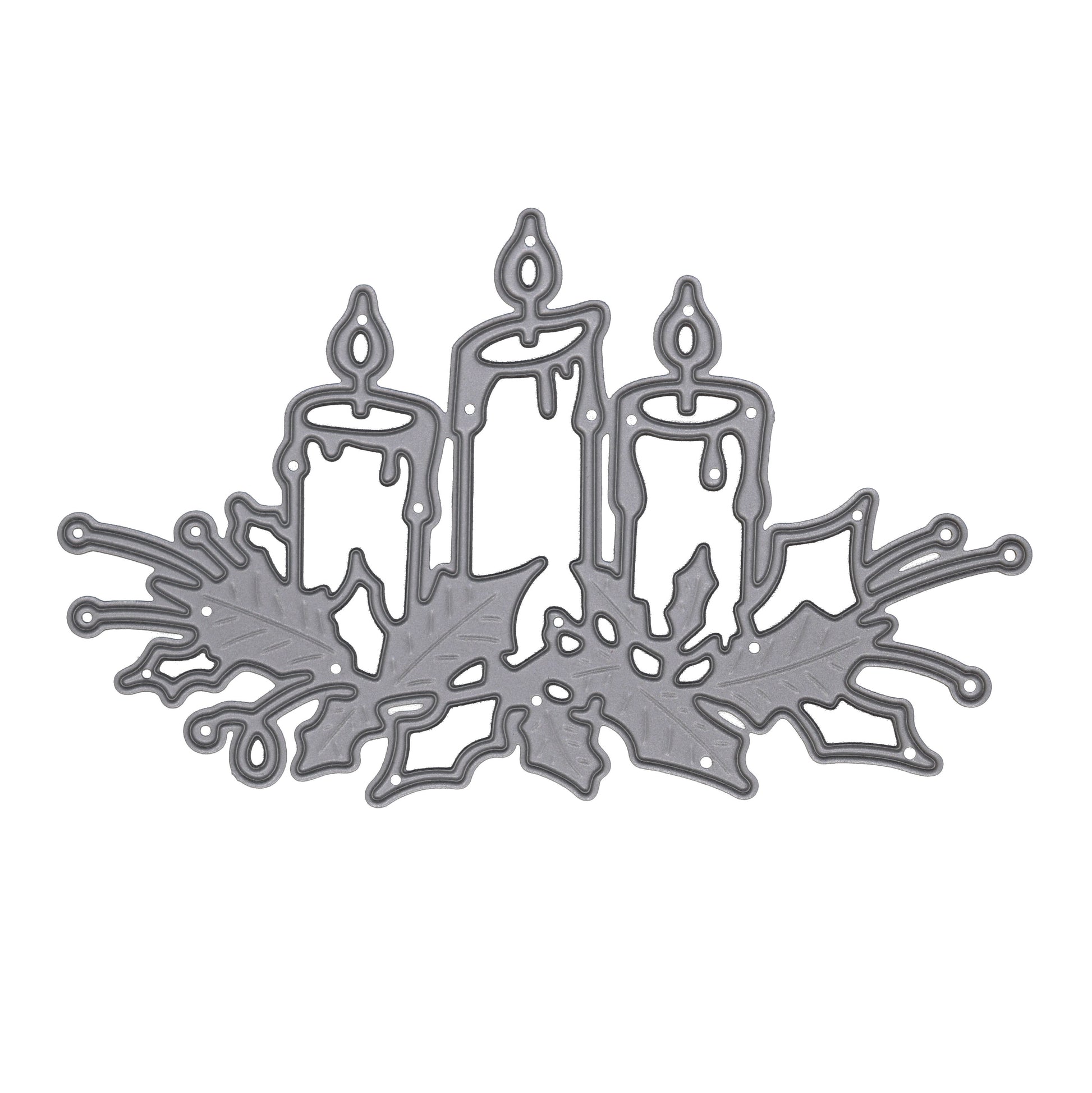 Christmas Candles & Holly metal cutting die featuring three candles with holly leaves for Christmas card making, scrapbooking and papercrafts.