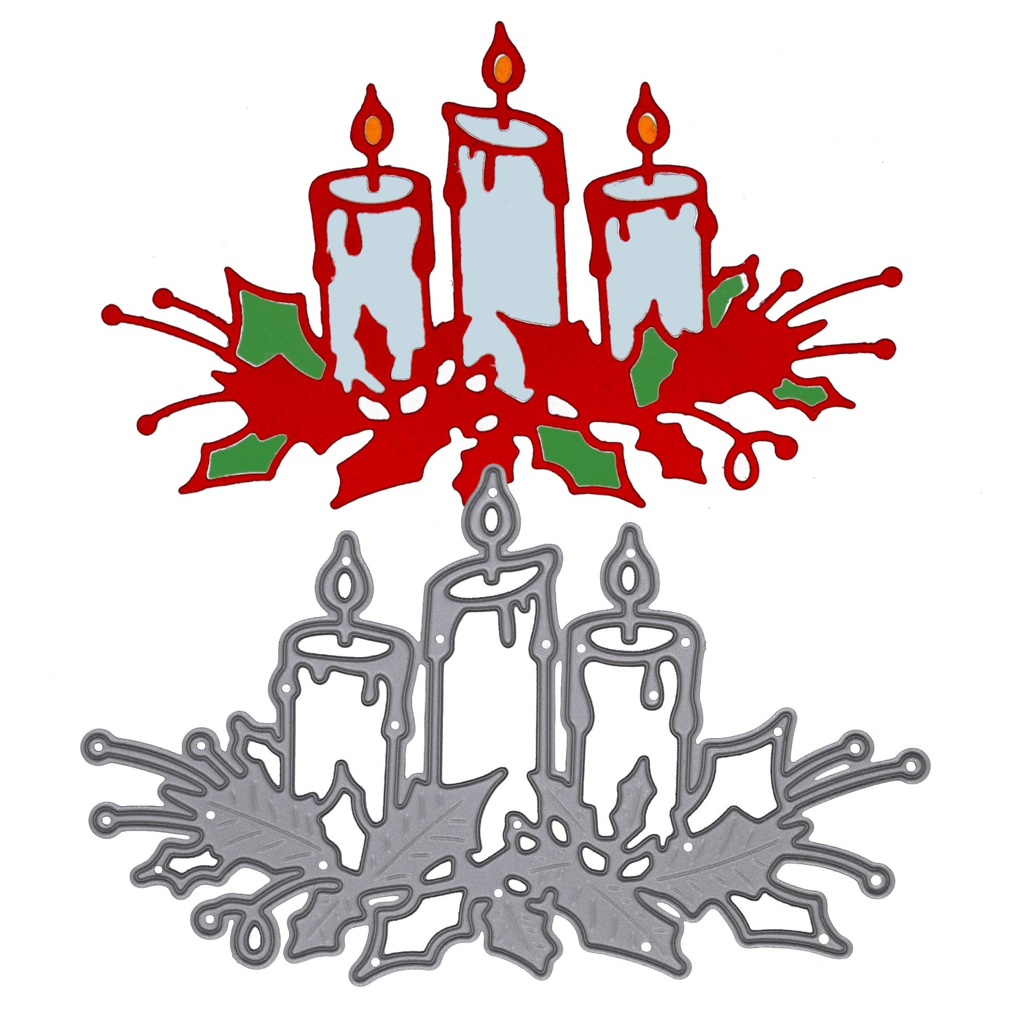 Finished Christmas Candles & Holly die cut example shown alongside the metal cutting die for handmade Christmas cards and festive crafts.