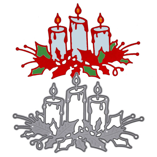 Finished Christmas Candles & Holly die cut example shown alongside the metal cutting die for handmade Christmas cards and festive crafts.
