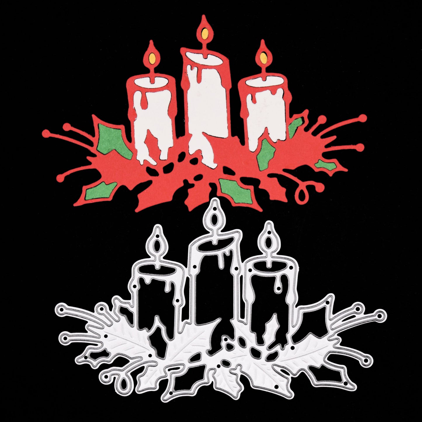 Layered Christmas Candles & Holly die cut shown on a black background to highlight the finished festive card making design.