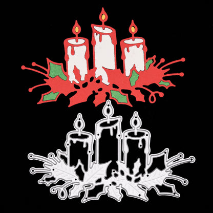 Layered Christmas Candles & Holly die cut shown on a black background to highlight the finished festive card making design.