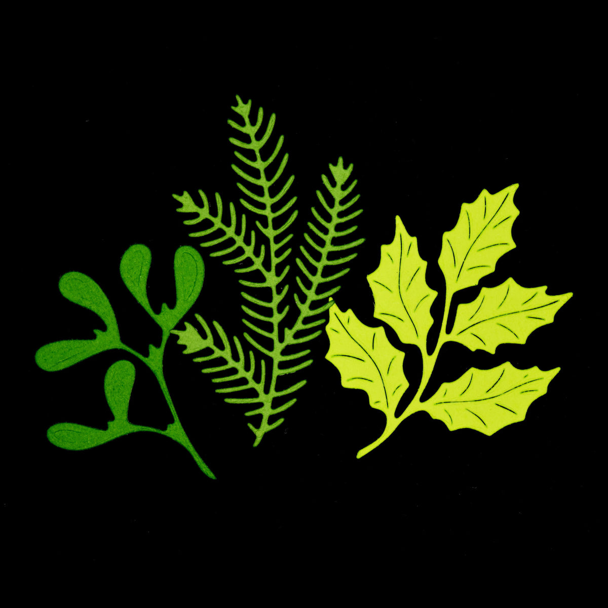 Three Christmas foliage die cuts on a black background showing holly leaves, pine branches and a mistletoe-style sprig.