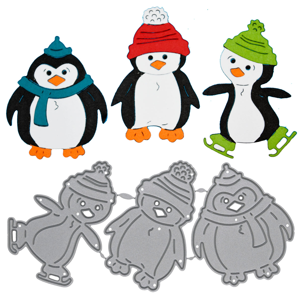 Christmas penguin metal cutting dies with finished penguin die cut examples for festive card making