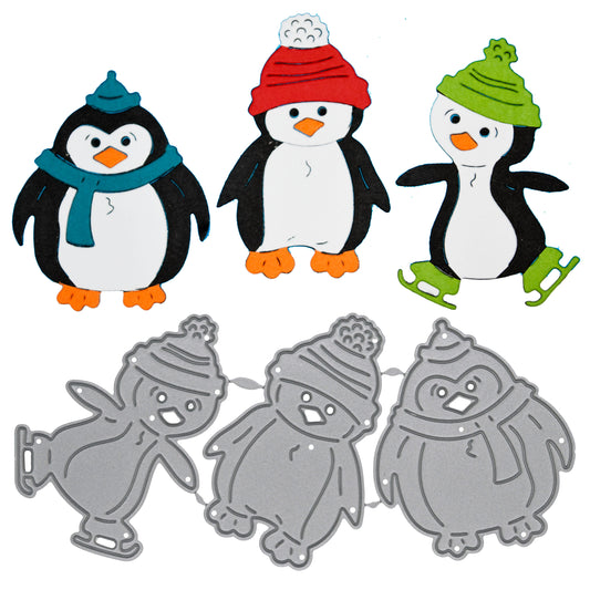 Christmas penguin metal cutting dies with finished penguin die cut examples for festive card making