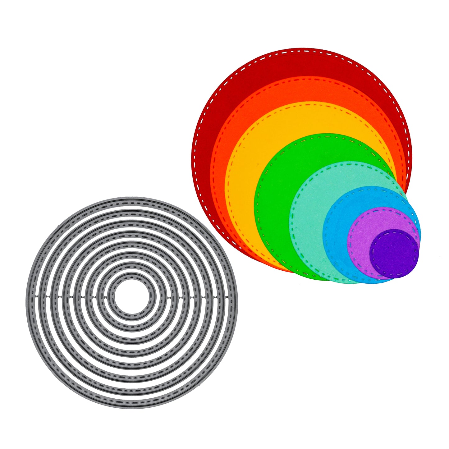 Stitched circle nesting metal cutting dies shown beside matching coloured paper cuts on a white background.