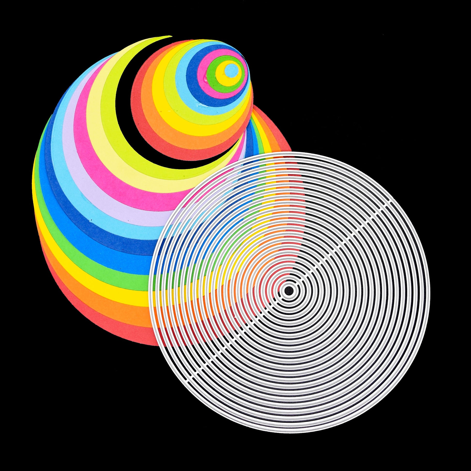Circle nesting dies displayed with colourful layered circle card example