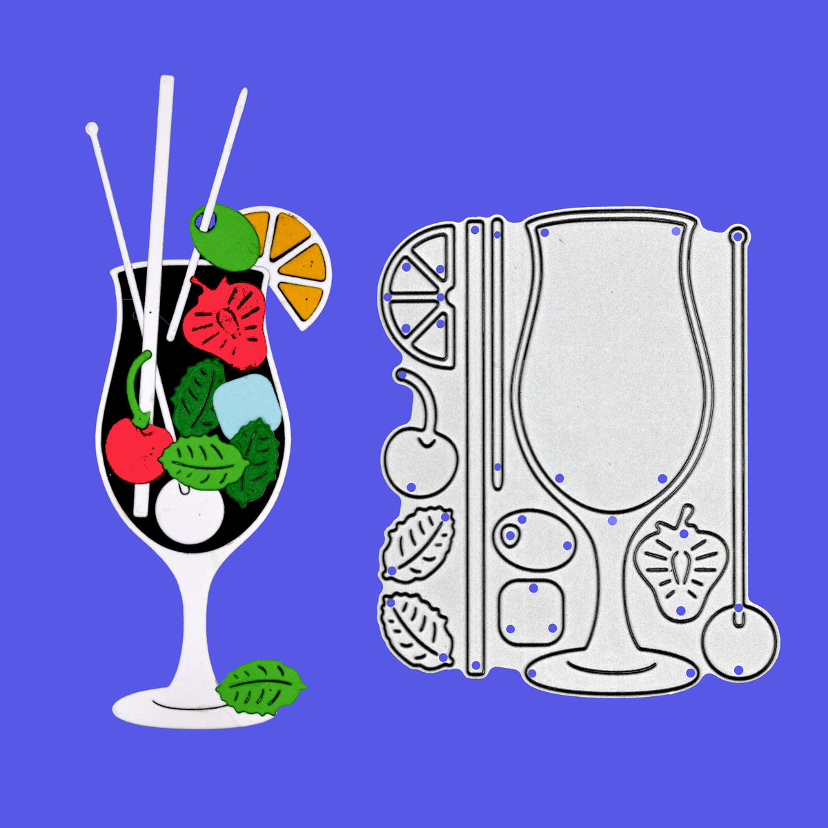 Finished tropical cocktail papercraft example beside the coordinating cocktail glass metal cutting die set.