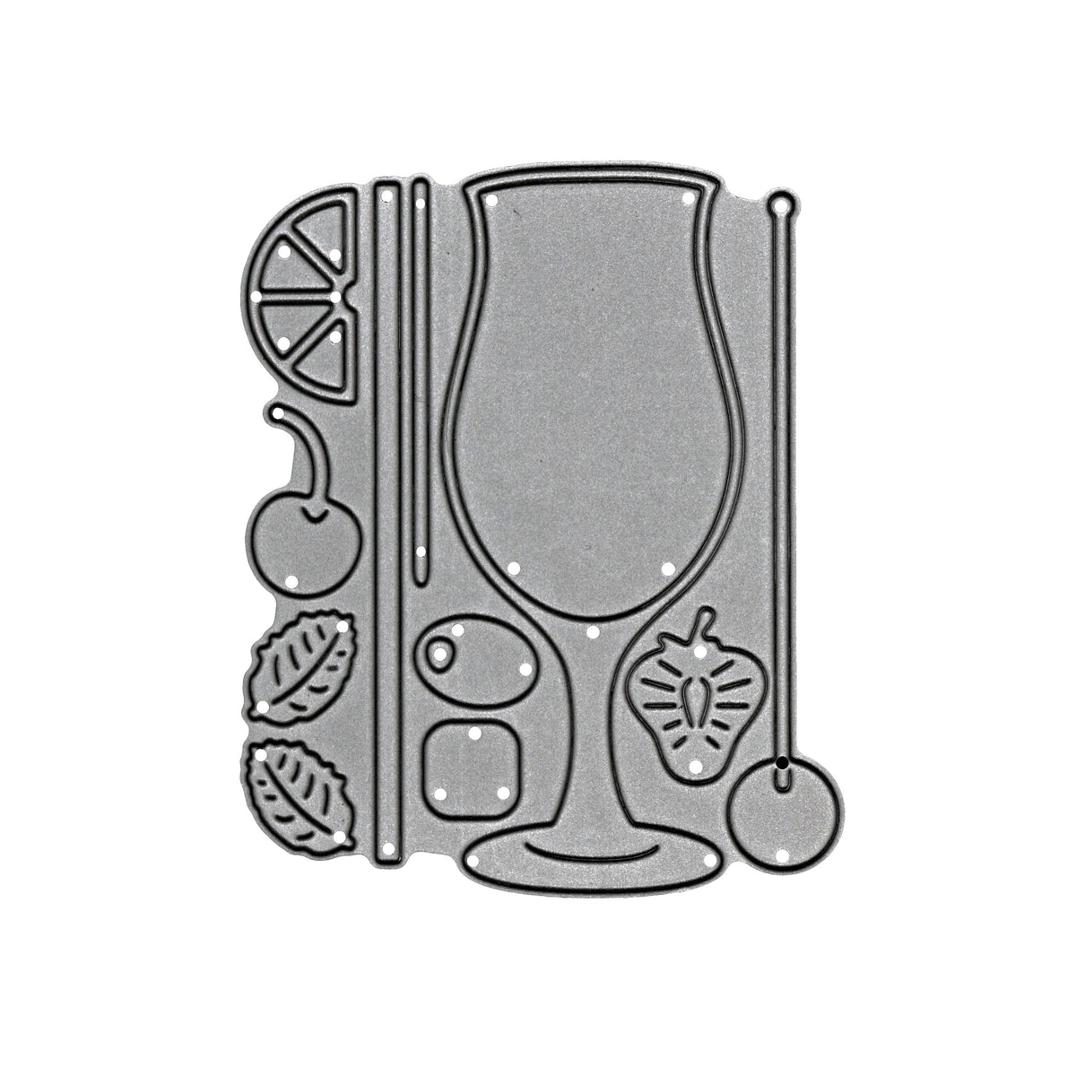 Cocktail glass metal cutting die set on a white background with fruit, leaves, cherry, ice cube and straw embellishments.