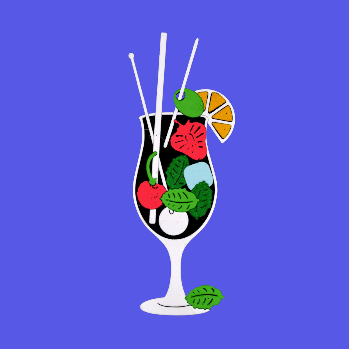 Tropical cocktail paper cut made with a metal cutting die, decorated with fruit, leaves, cherry, ice cubes and straws.