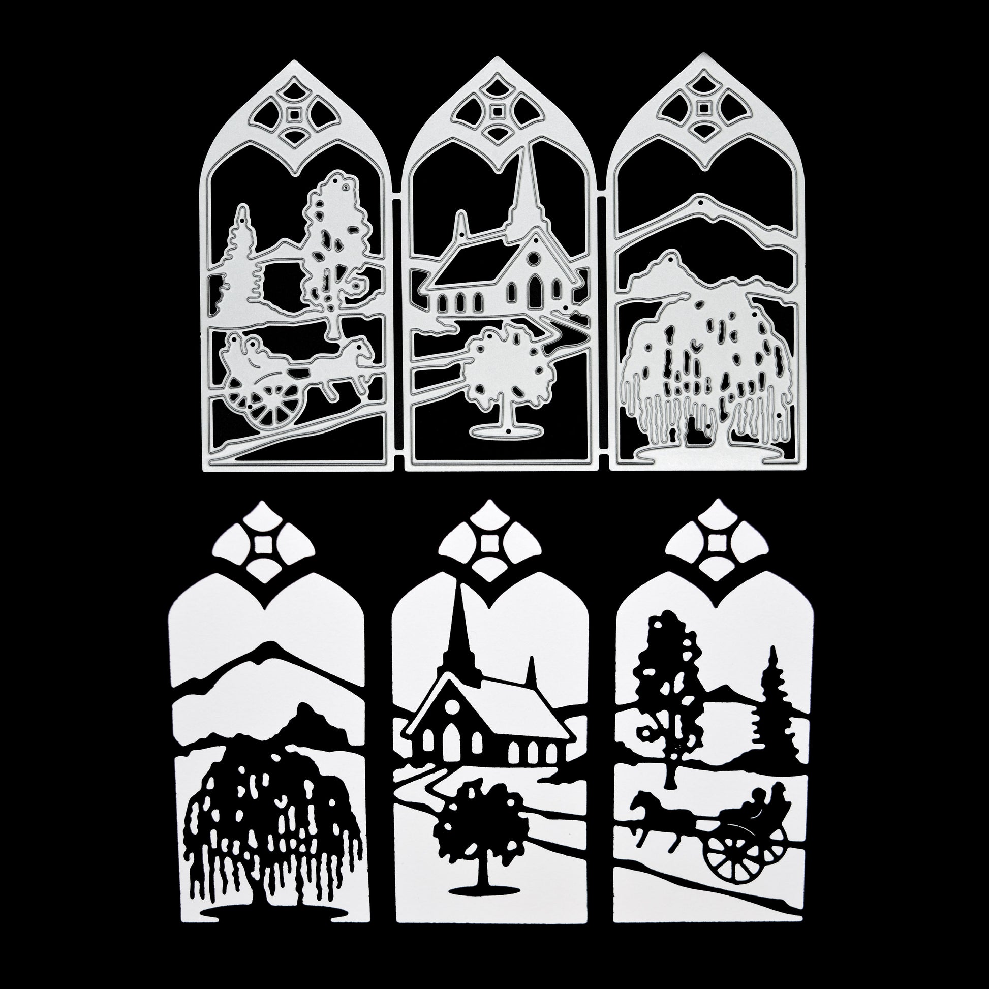 Countryside window scene metal cutting die shown with the finished black die cut featuring a church, trees, mountains and horse-drawn cart.