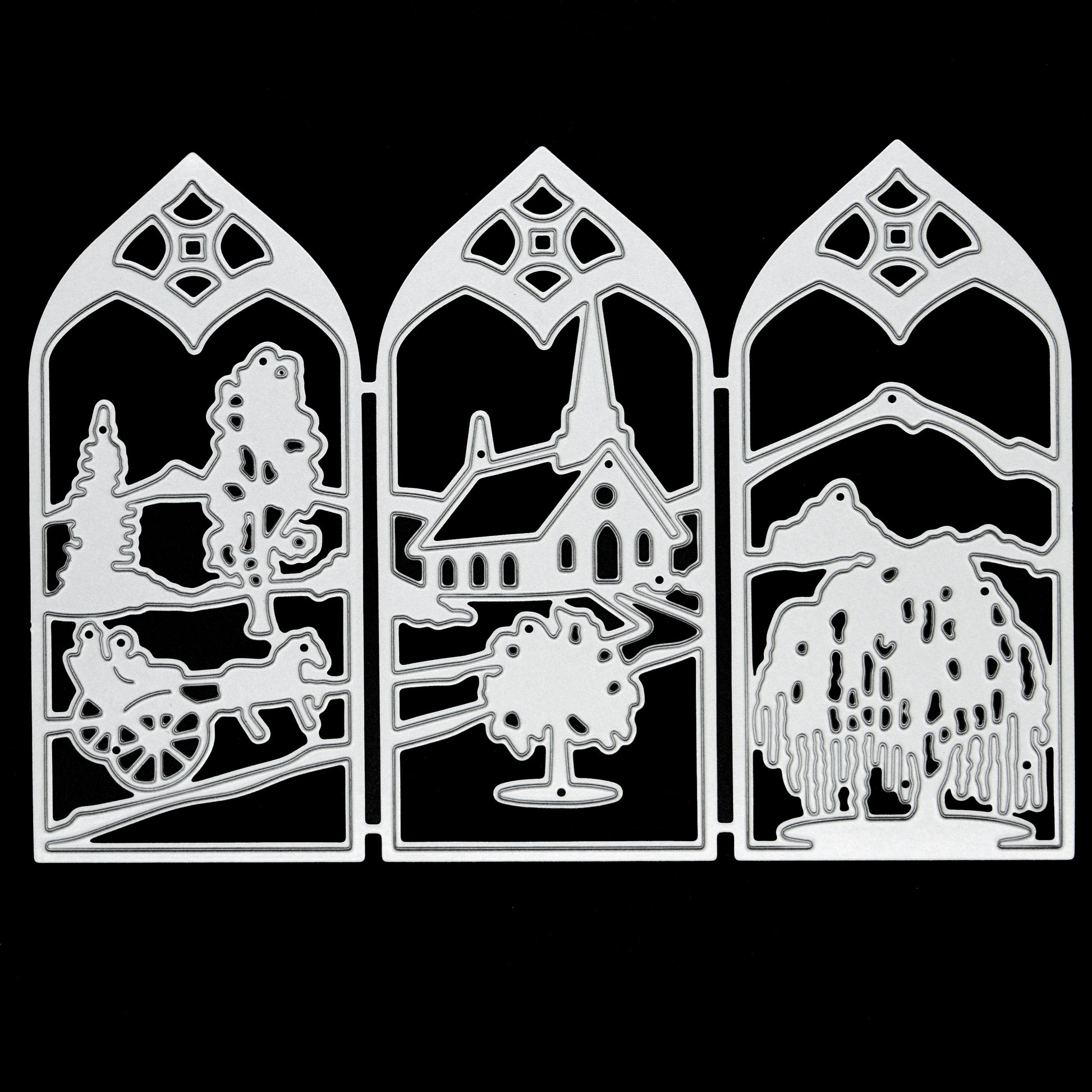 Three-panel countryside window scene metal cutting die displayed on a black background for card making and papercraft.