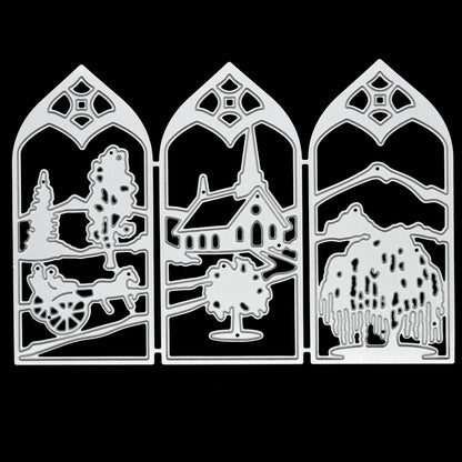 Three-panel countryside window scene metal cutting die displayed on a black background for card making and papercraft.