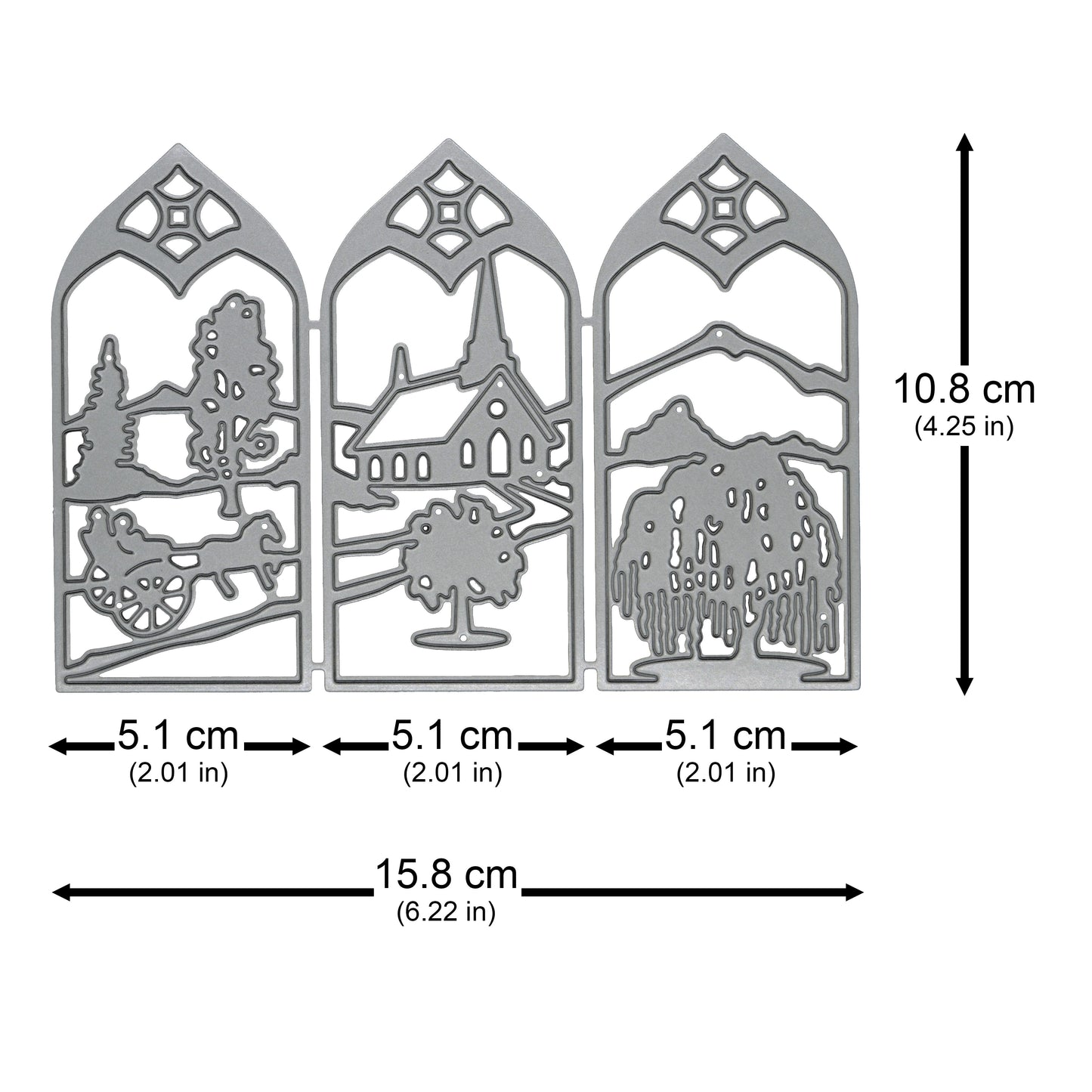 Countryside window scene metal cutting die measuring approximately 15.8 cm wide by 10.8 cm high, with three individual panels each 5.1 cm wide.