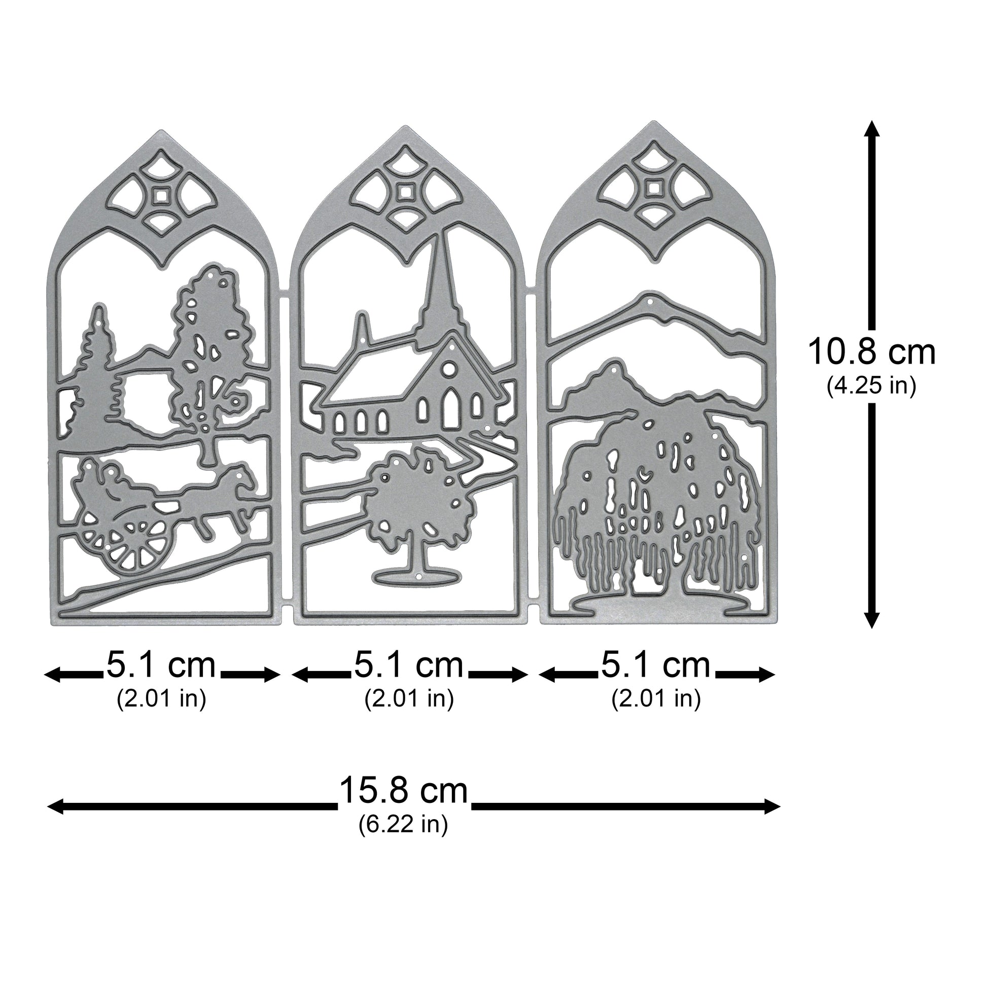 Countryside window scene metal cutting die measuring approximately 15.8 cm wide by 10.8 cm high, with three individual panels each 5.1 cm wide.