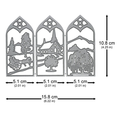 Countryside window scene metal cutting die measuring approximately 15.8 cm wide by 10.8 cm high, with three individual panels each 5.1 cm wide.