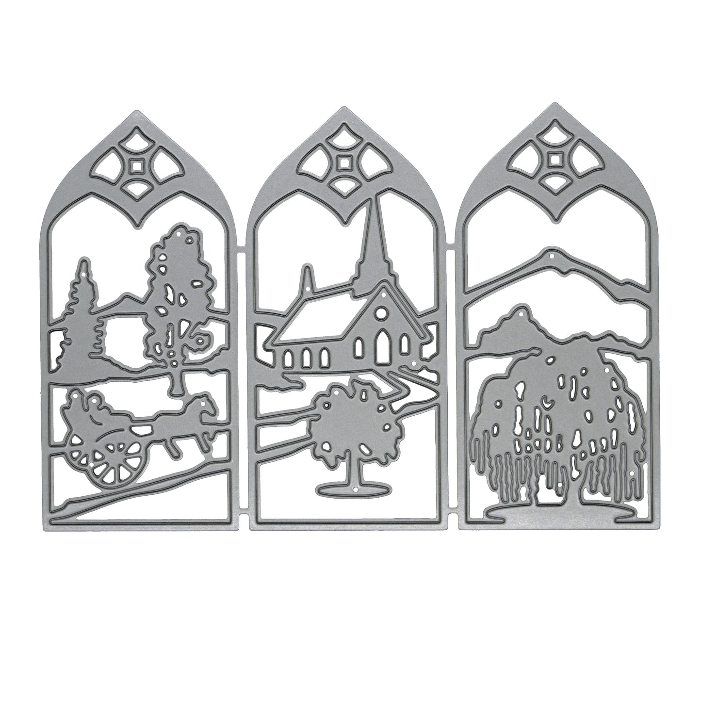 Countryside window scene metal cutting die displayed on a clean white background with a church, trees, mountains and horse-drawn cart.