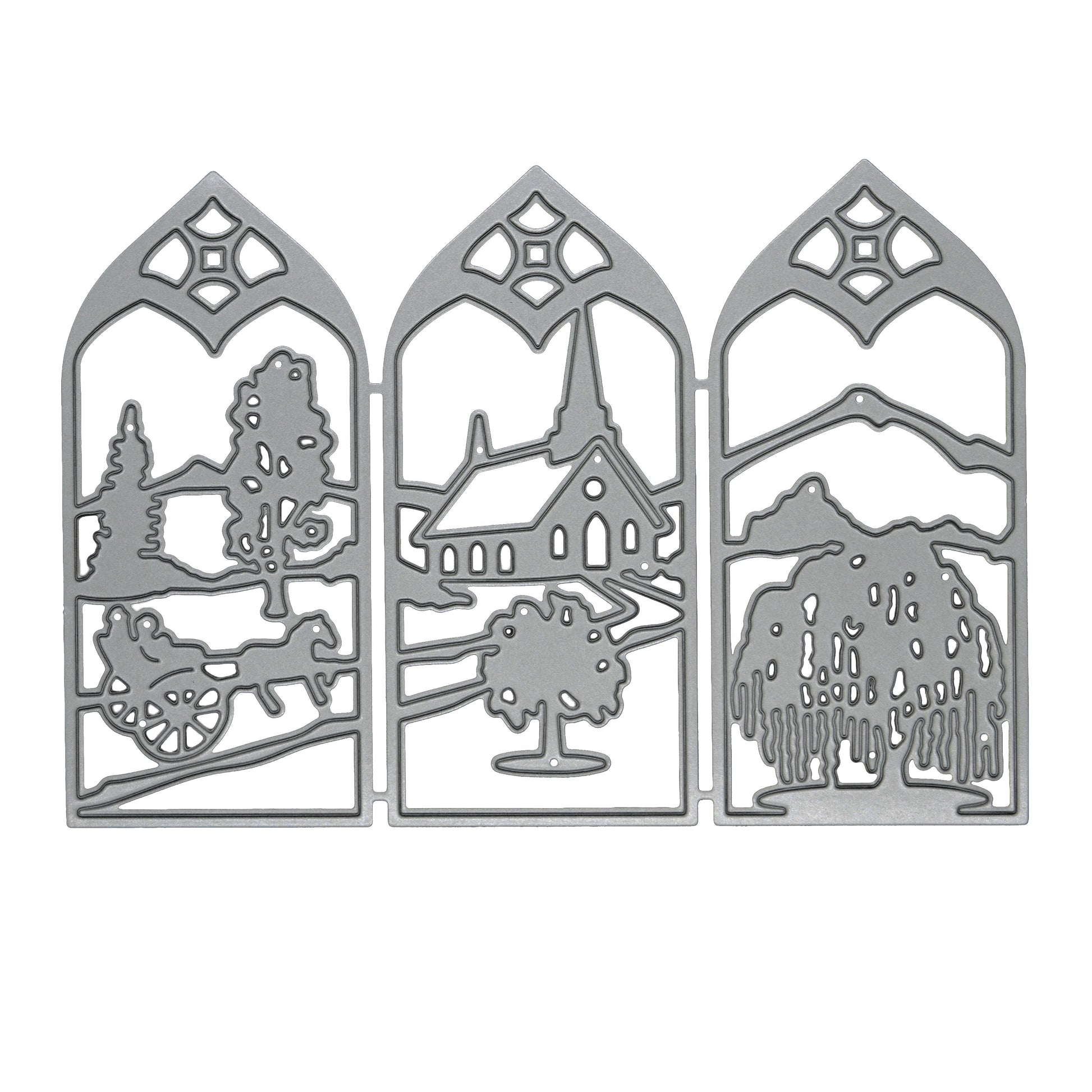 Countryside window scene metal cutting die displayed on a clean white background with a church, trees, mountains and horse-drawn cart.