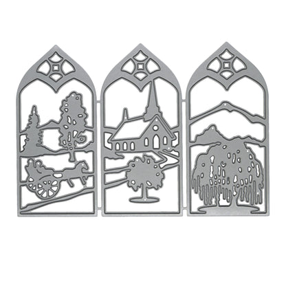 Countryside window scene metal cutting die displayed on a clean white background with a church, trees, mountains and horse-drawn cart.